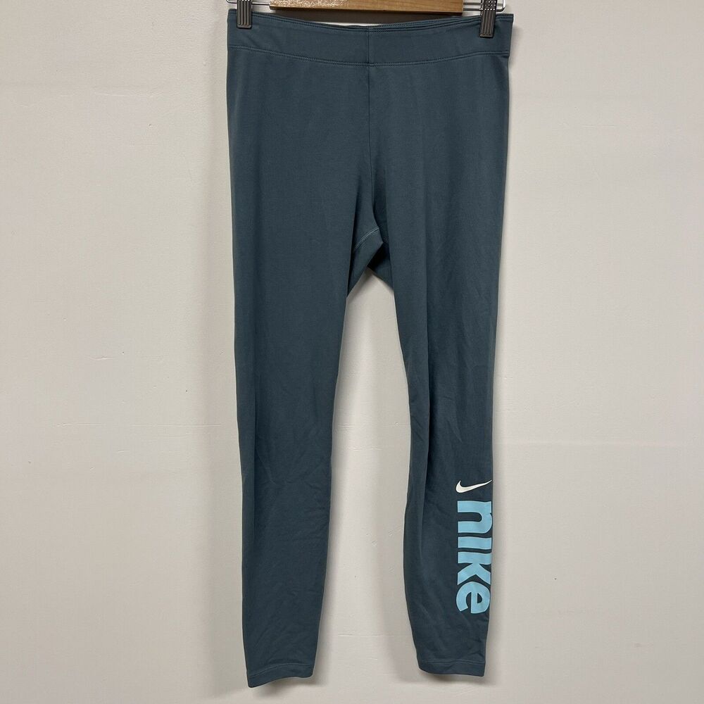 Nike Lounge Leggings Women’s M Teal Blue Logo Print Athleisure Stretch Pants